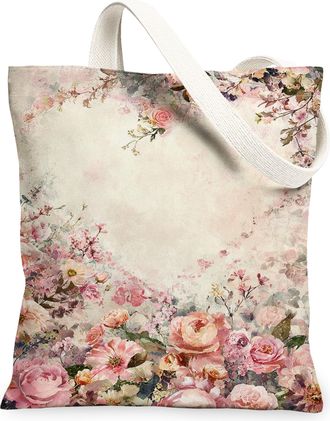 Generic Floral Canvas Tote Bags, Vintage Flower Pattern Reusable Grocery Bags, Lightweight Washable Shoulder Strap Canvas for Trave, Peach, 13x15 Inch