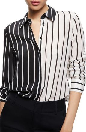 Alice & Olivia Willa Colorblock Stripe Silk Button-Up Shirt in Vertical Palazzo Stripe Black at Nordstrom, Size Large