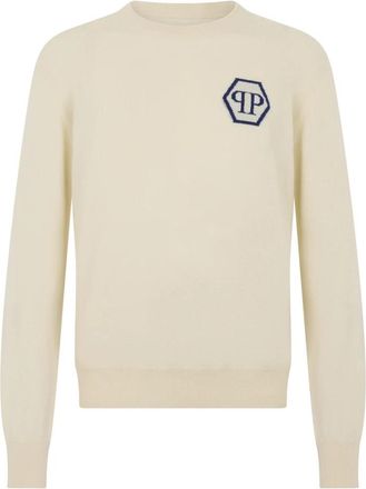 Philipp Plein Cashmere Rondehals Trui Jacquard Hexagon - Heren - Cashmere truien - Beige - 5XL - Kasjmier - Truien & Vesten