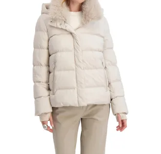 Elie Tahari Short Quilted Puffer Jacket With Faux Fur Collar & Detachable Hood In Frost