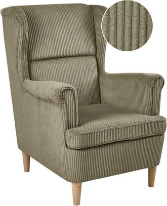 Beliani Wingback Chair Green Corduroy Upholstery High Back Wood Legs Traditional Retro Living Room ABSON