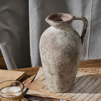 OEM Jarr&oacute;n De Cer&aacute;mica Antiguo, 24 Cm, Terracota Con Asa, Dise&ntilde;o Gris Envejecido, Decoraci&oacute;n De Interiores Bohemia