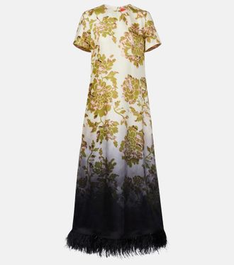 La DoubleJ Swing feather-trimmed floral silk twill maxi dress
