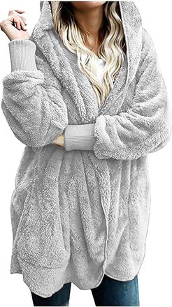 Generic Cardigan Sweaters For Women Womens Fluffy Fleece Hooded Cardigans Coats Faux Fur Winter Warm Loungewear Longline Outerwear Long Sleeve Open Front Sher