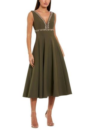 Mac Duggal Rhinestone Embellished Crepe A Line Midi Dress in Olive at Nordstrom, Size 10