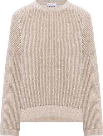 Brunello Cucinelli Trui met ronde hals - Dames - Ronde hals truien - Beige - L - Katoen - Truien & Vesten