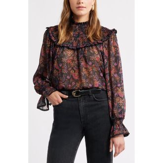 Treasure & Bond Floral Metallic Smocked Yoke Top in Black- Purple Rose Tapestry at Nordstrom Rack, Size X-Small