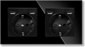 OEM Enchufe Doble Con 4 Puertos Usb (2 Tipo A, M&aacute;x. Total 2,1 A), Enchufe Doble En Cristal Templado, Enchufe Schuko, Empotrado, Negro