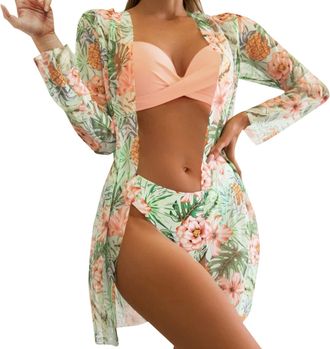 Generic Womens Swimsuit 3 Piece Bikini Sets Padded Swimwear with Beach Cover Ups Sexy Push Up Bikini Top Swim Bottoms Print Bathing Suits Swimming Costume Bea