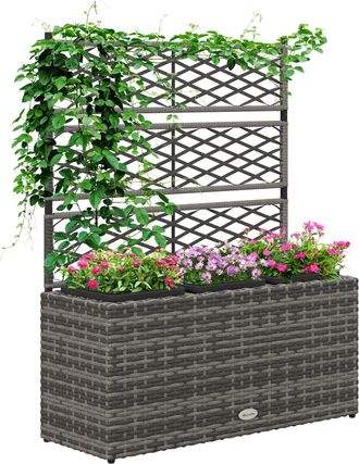 OUTSUNNY Garden PE Rattan Planter Box w/ Trellis Flower Raised Bed - 84x30x107cm | TJ Hughes