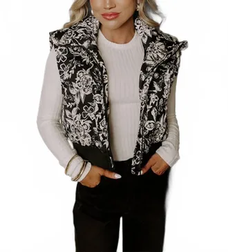 Merci Statement Floral Puffer Vest In Black