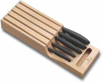 Victorinox by Swiss Army Swiss Classic, blocco portacoltelli con 5 coltelli (da verdura, tavola e pane), in legno di faggio - Victorinox
