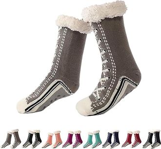 Generic Ultra-Thick Cashmere Slipper Socks for Women, Home Non-slip Soft Cozy Fleece, Winter Warm Fluffy Christmas Sock with Grippers (Grey)