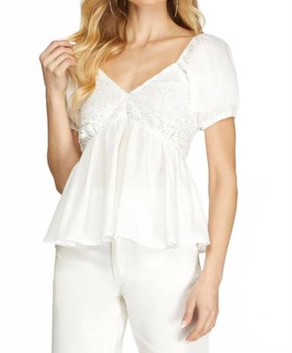She + Sky Short Puff Sleeve Woven Top With Lace V-Neck In White/off White