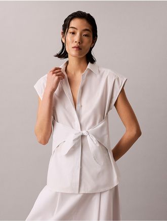 Calvin Klein Womens Cotton Poplin Tie Button-Down Shirt - Open White - XS