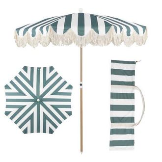 Jonathan Y Designs Mariner Coastal Round Outdoor Beach Umbrella with Fringe Trim, Push-Button Tilt, UV 50 Canopy and Wood-Finish Pole in Green/white - Light
