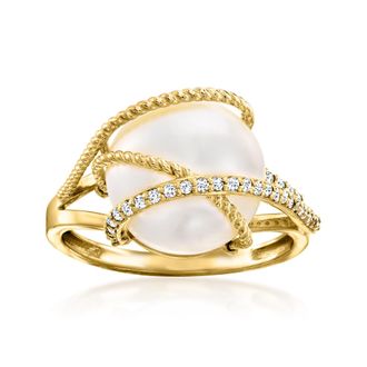 Ross-Simons 12mm Cultured Pearl and. Diamond Ring in 14kt Yellow Gold