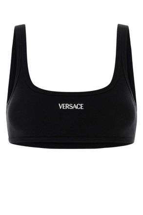 Versace Black Logo Embroidery Ribbed Bra