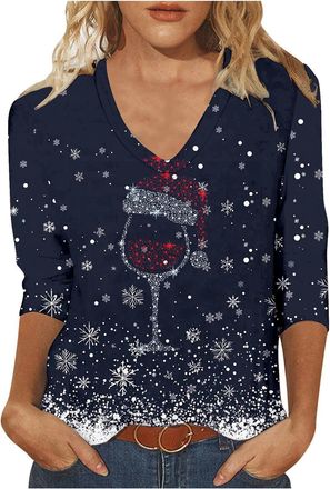 Generic OVARA Christmas Tops for Women V Neck Xmas Jumpers Ladies 3/4 Sleeve Christmas T Shirts Stylish Casual Xmas Printed Tunic Blouses for Holiday Party Go