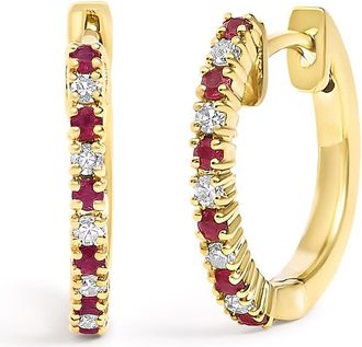 House of Brilliance 10K Yellow Gold Alternating Diamond and Red Ruby Huggy Hoop Earrings (I-J Color, I1-I2 Clarity)