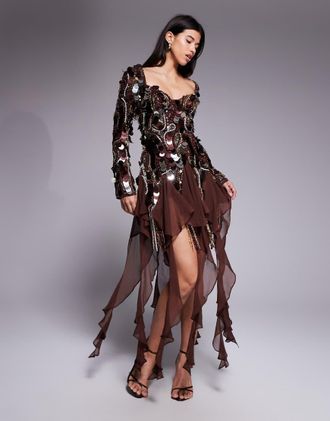 Asos Vestito corto marrone in chiffon decorato con finiture