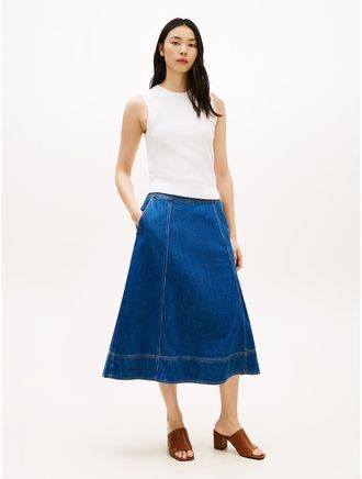 Tommy Hilfiger Womens High-Rise Flared Denim Midi Skirt - Blue - 10