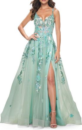 La Femme Sequin Floral Lace Applique A-Line Tulle Dress in Sage at Nordstrom, Size 10