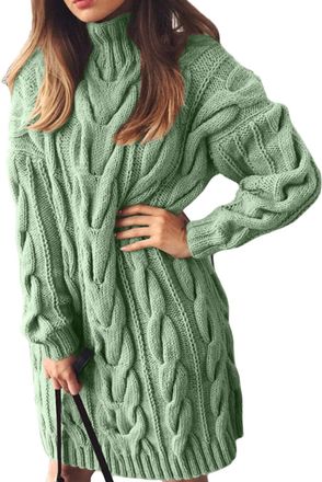 Generic Womens Turtleneck Long Sleeve Knit Sweater Dress Slim Fit Cable Knit Sweater Dress Oversize Loose Solid Pullover, Green, XX-Large