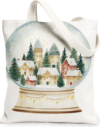 Generic Snow Globe Canvas Tote Bags, Winter Village Reusable Shopping Bags, Cozy Festive Lightweight Washable Shoulder Strap for Outdoor Travel Picnic 13x15 I