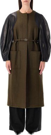 Fendi Green Wool Midi Coat With Leather Sleeves