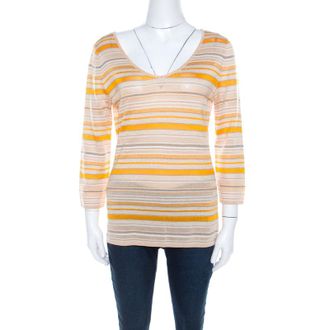 Escada Beige And Orange Stripes Knit Long Sleeve Top