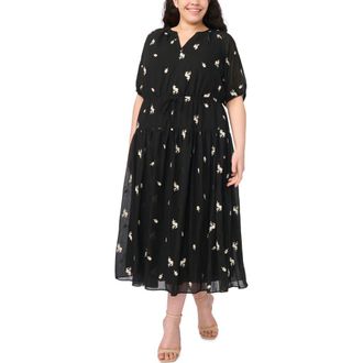 CeCe by Cynthia Steffe Print Tie Waist Midi Dress in Rich Black at Nordstrom, Size 1 X