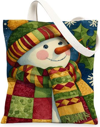 Generic Snow Man Canvas Tote Bags, Winter Pattern Reusable Grocery Bags, Christmas Colorful Lightweight Washable Shoulder Strap Can, Colorful, 13x15 Inch