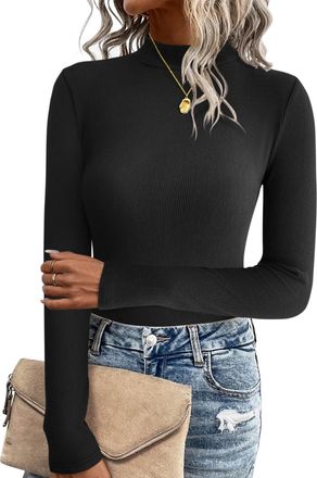 Zeagoo Womens Tops Long Sleeve Slim Fit Shirts Turtle Neck Jumpers Tops Casual Solid Pullover Stretch Lightweight Sweaters Black L