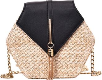 Generic 1pc Fashion Straw Woven Bag with Chain Shoulder Strap Handmade Cross-body Beach Bag with Tassel for Women for Daily Use and Vacations