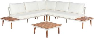 Beliani Garden 5 Seater Corner Sofa Set Acacia Wood Coffee Table Off-White Cushions Corato