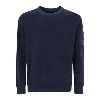 C.P. Company Round-neck Knitwear, male, Blue, Size: XL Cotton Chenille Crewneck Lens Sweater