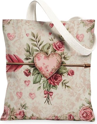 Generic Vintage Floral Canvas Tote Bags, Heart Pattern Reusable Grocery Bags, Romantic Lightweight Washable Shoulder Strap Canvas for Shopping Outdoor Travel 