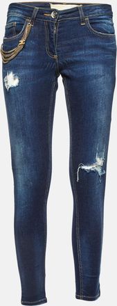 Elisabetta Franchi Blue Denim Chain Detail Slim Fit Jeans M/waist