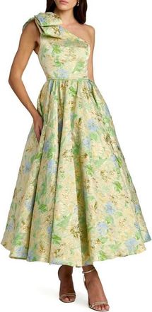 Mac Duggal One-Shoulder Floral Brocade Midi Dress with Bow Detail in Green Multi at Nordstrom, Size 12