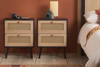 Birlea Pair of Bedside 2 Drawer Cabinet Rattan Croxley Side Table Black
