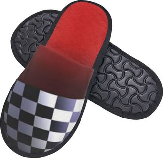 Generic Shoes Waving Checkered Racing Flag Fluffy Slippers Faux Fur Sliders For Trip Bedroom Winter M
