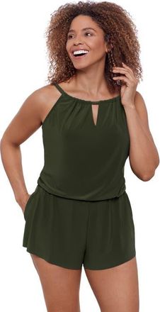 Aqua Green Keyhole Blouson Slimming Swimsuit Romper with Pockets in Malachite at Nordstrom, Size X-Large