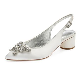 Generic Womens Chunky Heels Pointed Toe Wedding Shoes Satin Low Heels Elegant Bridal Slingback Party Evening Dress Shoes 4.5Cm,Ivory,3 UK
