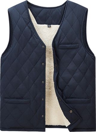 Generic MenS Gilet Fleece Warmth Thickened Waistcoat Collarless Full Zipper Solid Color Outwear With Front Pockets Sleeveless Vest Jacket Daily Wear Relaxed-F