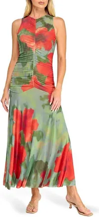 Socialite Ruched Mesh Midi Dress in Green/orange at Nordstrom, Size X-Small