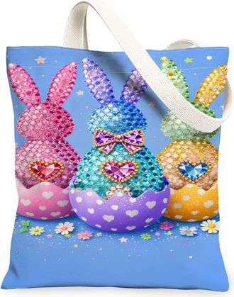 Generic Easter Bunny Canvas Tote Bags, Colorful Rabbit Design Reusable Shopping Bags, Spring Lightweight Washable Shoulder Strap Ca, Blue, 13x15 Inch