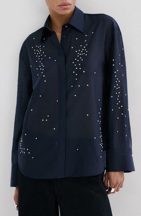 Mango Rhinestone Button-Up Shirt in Navy at Nordstrom, Size 4