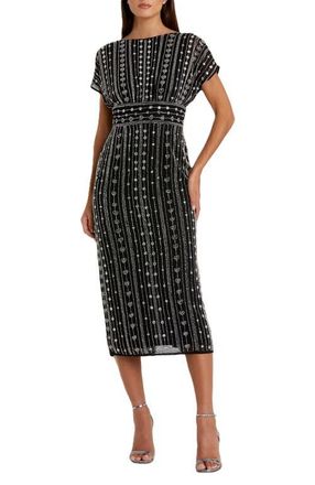 Mac Duggal Beaded Cap Sleeve Column Midi Dress in Black at Nordstrom, Size 20