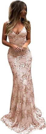 Generic Womens Sequin Mermaid Prom Dress V Neck Spaghetti Strap Formal Evening Gowns Teens Backless Party Cocktail Prom Gown Rose Gold XS